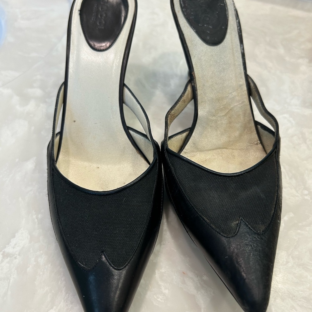Gucci heeled slides, Black Leather and Canvas, Preowned, Sz 8.5 B - Picture 9 of 14